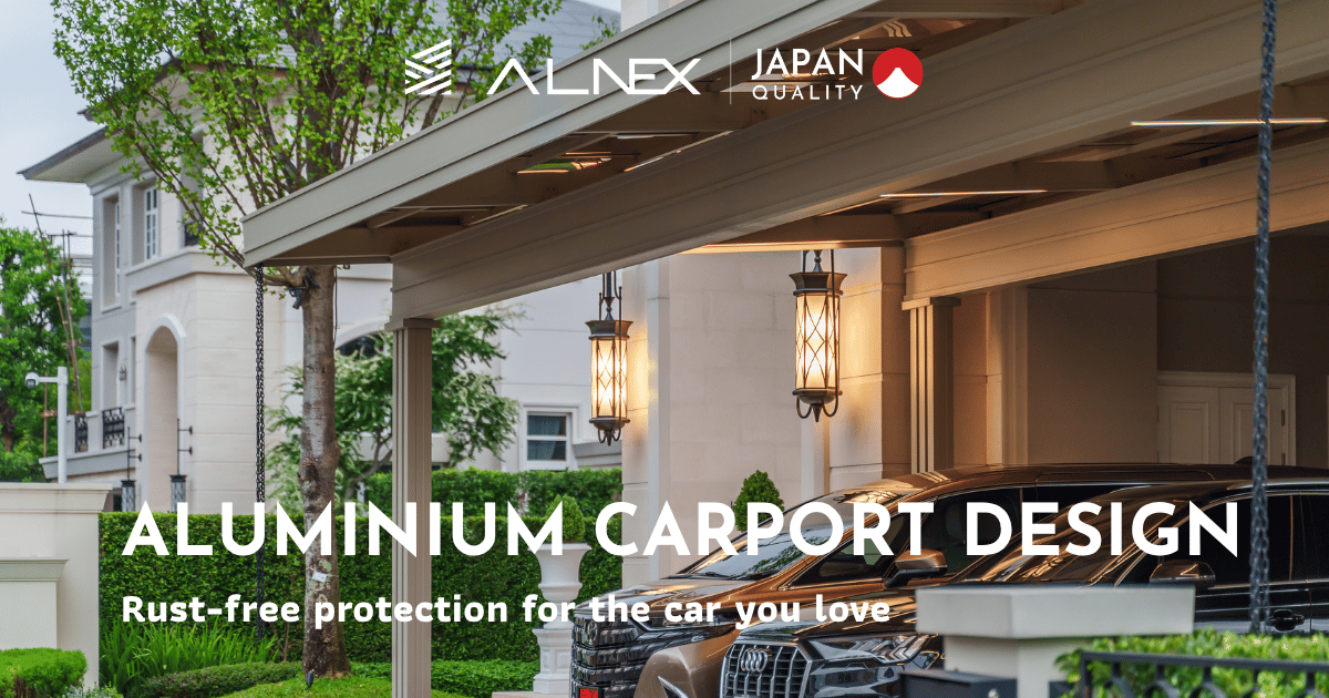 Aluminium carport sheltering cars at a luxury Thai home by ALNEX